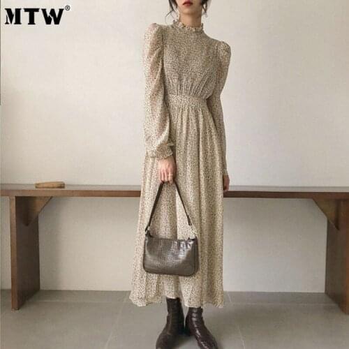 Vintage Floral Print Office Dress Women Autumn Long Sleeve Stand Collar Elastic Waist A-line Dress 2020 Elegant Party Dresses