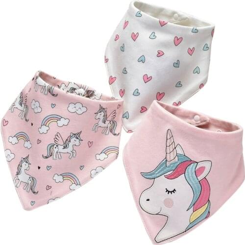 3 Pcs Baby Bibs Triangle Double Cotton Bib Cartoon Print Unicorn Saliva Towel Baby Boys Girls Feeding Apron Bandana Baby Stuff