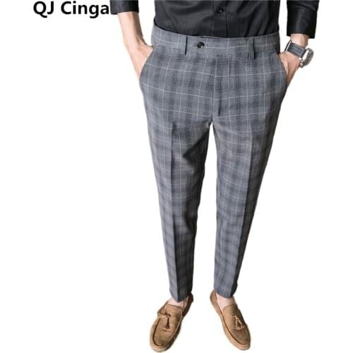 Gray Striped Pants Men Business Casual Trousers Black Wedding Party Mens Pant Size 28-36 Pantalones Hombre