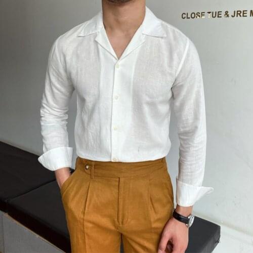 Business Formal Dress Shirt Long Sleeve Shirt Men British Style Casual All-match Solid Color Summer Linen Shirt Trendy Men Blue