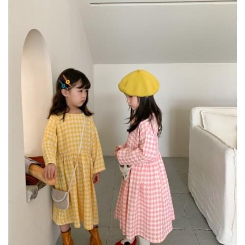 Childrens Dress 2021 Autumn New Korean Girl Sweet Plaid Dress Childrens Long Sleeve Leisure Korean Princess Dress