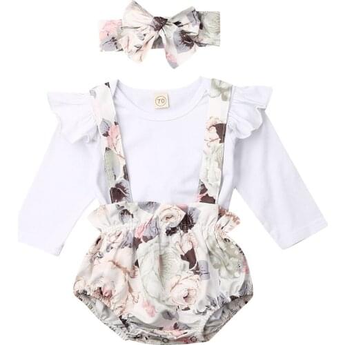 Infant Baby Girl Clothes Long Sleeve Round Neck Solid Color Tops Romper+Flower Print Bib Shorts Outfit 3-PCS Set Spring Autumn