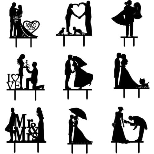 Marry Me Love Heart Rose Mr & Mrs Cake Flag Bride Groom With Cat Cake Toppers For Wedding Anniversary Party Cake Baking Decor