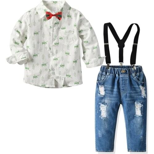 FOCUSNORM Gentleman 2-7Y Fashion Baby Boys Clothes Sets Floral Print Single Breasted Shirts Tops Denim Overalls Pants