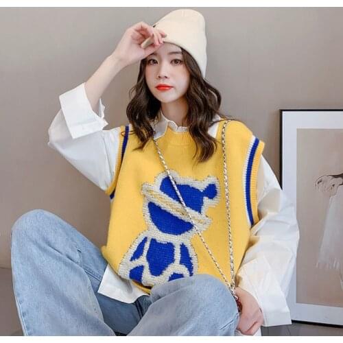 IHOBBY Preppy Style Cute Bear Print Girls Vest Bright Color V Neck Female Sleeveless Knitted Jumper Waistcoat