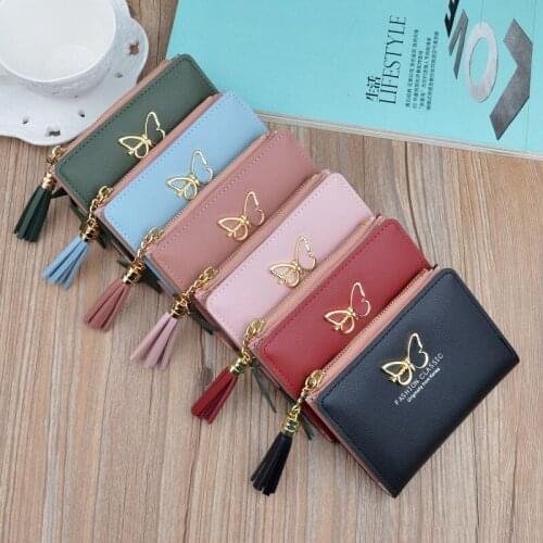 Purse Credit Card Holder Coin Purse Carteira Womens Wallets Small Mini Safe Money Bag Female Short Butterfly Fringed Zipper