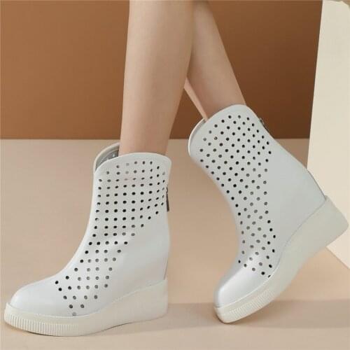 Fashion Sneakers Women Breathable Genuine Leather Wedges High Heel Ankle Boots Female Round Toe Platform Pumps Shoe Casual Shoes