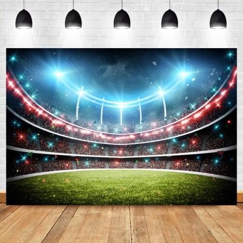 Laeacco Football Stadium Green Grass Lawn Boys Birthday Photo Background Soccer Spotlight Child Customized Photography Backdrop