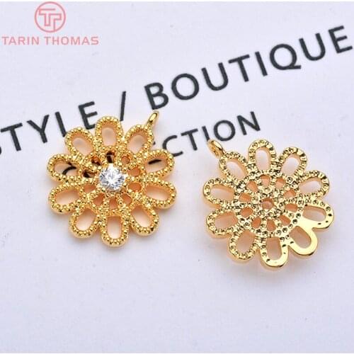 6PCS 12MM 24K Gold Color Plated Brass with Zircon Sun Flower Pendants Charms High Quality DIY Jewelry Making Findings