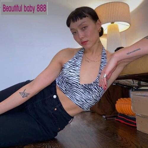 Meqeiss E-girl Zebra Printing Deep V Collar Sleeveless Bralette Chic Y2K Party Tops Vintage Halter Backless Summer Cropped Tops