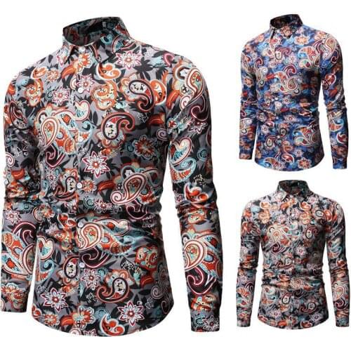 Mens Shirt Long Sleeved Turn Down Collar Cardigan Shirt with Printing Casual Single-Breasted Slim Type Tops