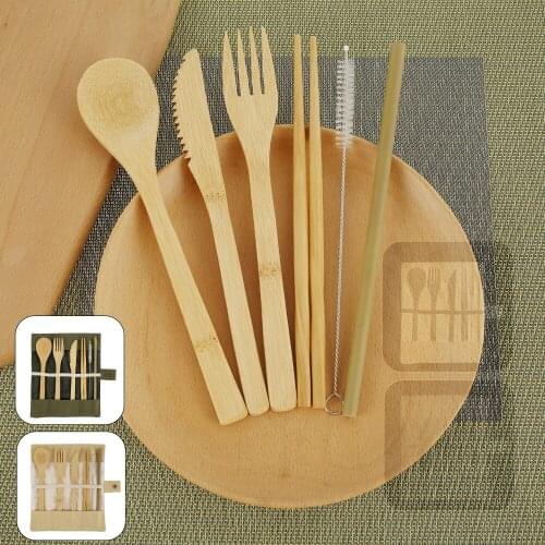 Reusable Bamboo Cutlery Set Travel Utensils Knife Fork Spoon Biodegradable Straws Chopsticks Zero Waste Wrap Tableware Supplies