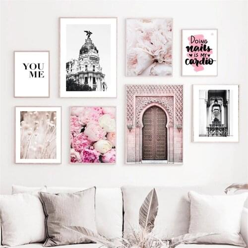 Islamic Architecture Wall Art Poster Nordic Pink Flower Church Canvas Painting Quotes Prints Romantic Pictures Modern Home Decor