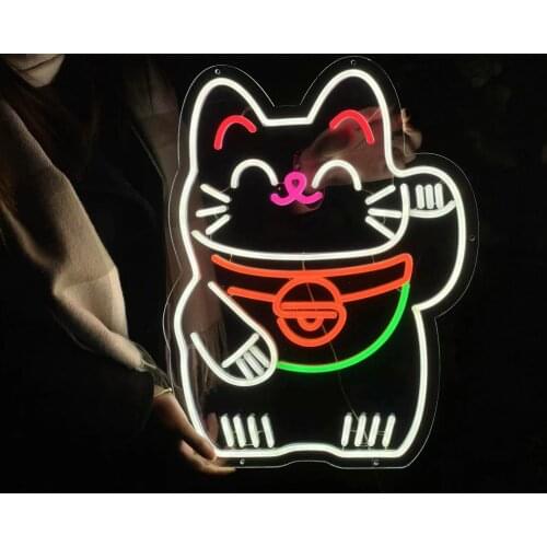 Custom Lucky Cat with Happiness Led Anime Neon Sign Neon Light Sign Wall Hanging Decoration for Home Room Shop Party Decor