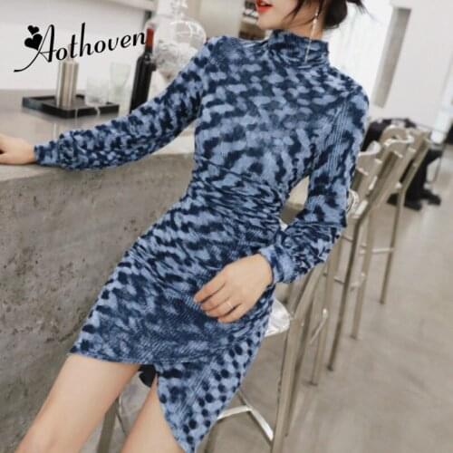 Autumn Asymmetrical Print Velvet Dress Women Long Sleeve Turtleneck Bandage Dress Slim Sexy Party Bodycon Vintage Dresses 201