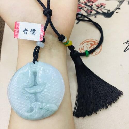 Natural Burmese Emerald Jade Carved Round Pisces Pendant with Hand-knitted Tassel Necklace Elegant Womens Sweater Chain