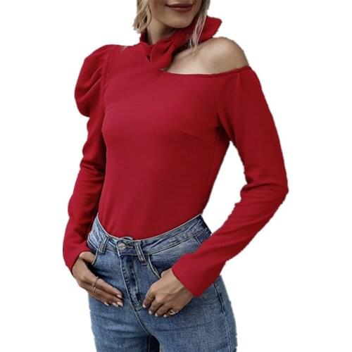 Pdfmily Ladies Casual Red Bow Tie Small Round Collar One Shoulder Top And Blouse Women Autumn Sexy Long Sleeve Elegant Blouses