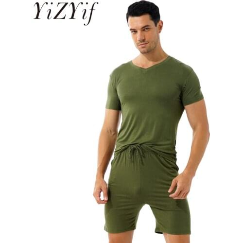 Mens Summer Casual Solid Color Pajama Set Nightwear Homewear V Neck Short Sleeve T-shirt with Mid Waist Drawstring Shorts