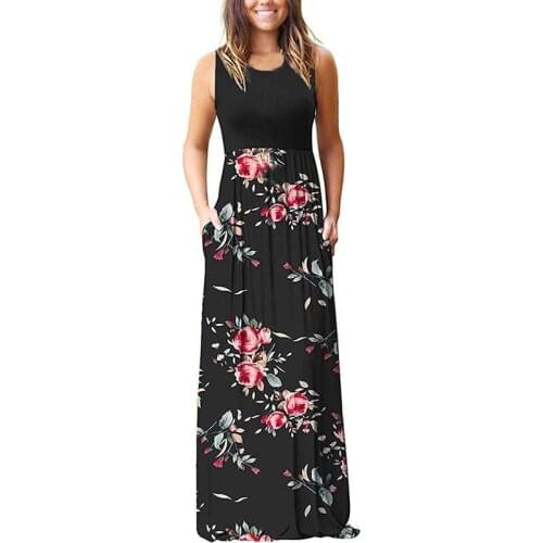 Rose Floral Print Boho Dress Ladies Sleeveless O-Neck Slim A-line Tank Maxi Dress Patchwork Long Dress For Women