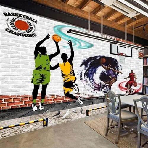 Custom Self-Adhesive Wallpaper 3D Street Basketball Game Brick Wall Mural Restaurant Cafe Graffiti Wall Painting 3D Wall Sticker