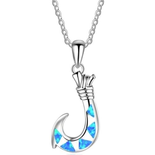 Simple Fishhook Design Pendant Necklace Imitation Blue Fire Opal Charm Women Necklace Accessorie Wedding Jewelry Party Gift