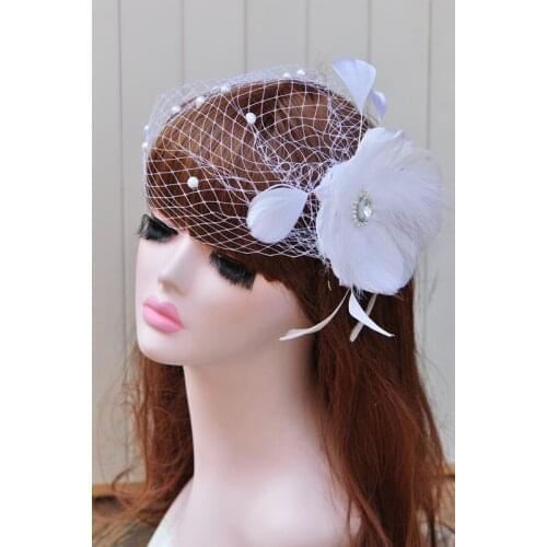 Luxury Handmade White Gorgeous Hair Clip Hairpin Jewelry Royal Bridal Wedding Hair Accessories Flower Mesh With Feather Veil Cap