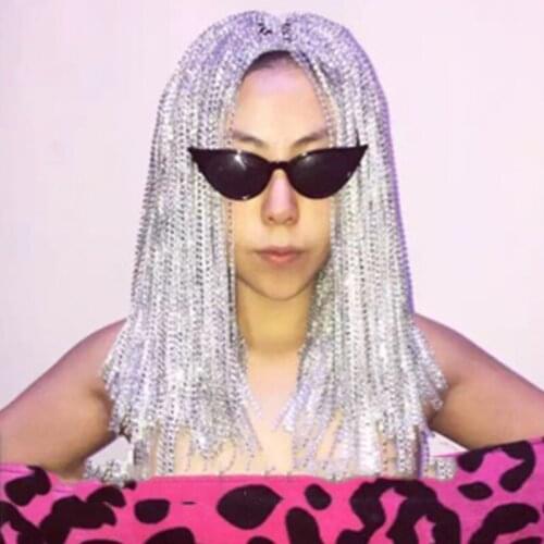 Stage Costumes For Singers Nightclub Bar Show Silver Shiny Tassel Long Wig Headdress Festival Outfit Pole Dance Wear DNV12894