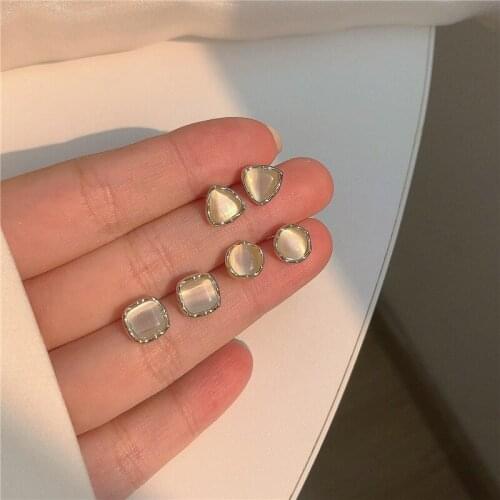 Korean 3 Pairs Set Geometry Opal Stud Earrings for Women 2021 Trendy Simplicity Jewelry Female Elegant Retro Ear Studs Wholesale
