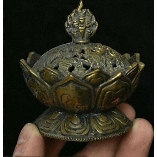 Old China Buddhism Bronze Lotus Flower Incense Burner Censer Incensory Thurible Home Accessories Home Decor Collection Ornaments