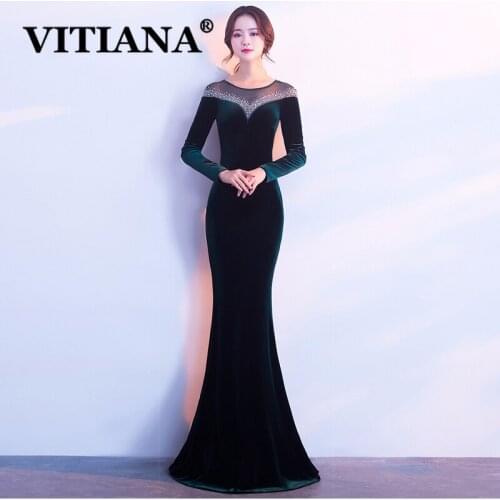 VITIANA Women Velvet Sexy Party Long Dress Female Mesh Long Sleeve Elegant Bodycon Dresses Femme Host Banquet Night Vestidos