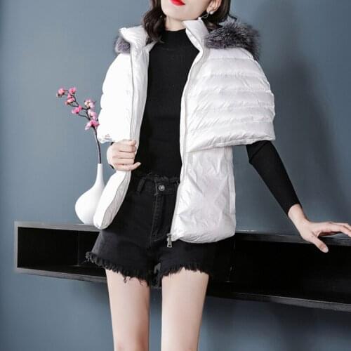 Women newest hooded short white duck down jacket with fox fur collar female fashion warm cape coat lady winter silver clothes