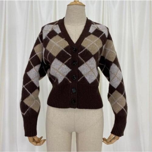 2021 Autumn Winter Vintage Argyle Mohair Women Wool Knit Cardigans V-neck Long Sleeve Short Sweater Thicken Knitted Tops Brown