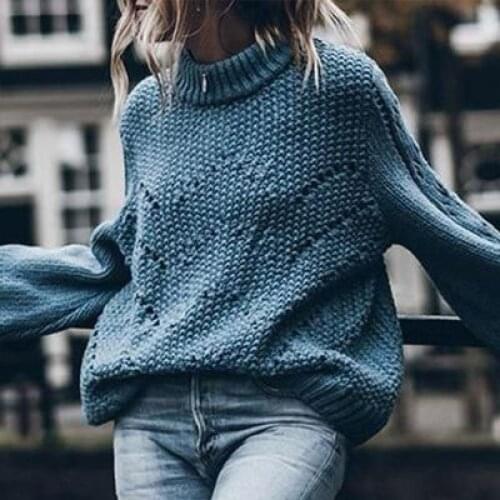 2021 Women Loose Sweater Hollow Out Puff Sleeve Fashion O-neck Top Oversized Sweater Pullovers