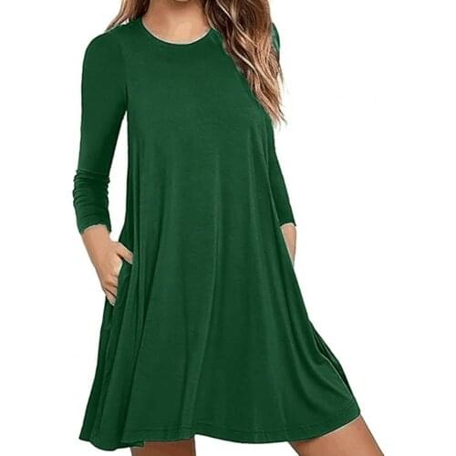 Women Mini Dress Round Neck Solid Color Cotton Blend Long Sleeve Pockets Tunic Dress Streetwear