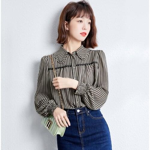 2021 Fashion Spring Blouse For Women Plus Size Plaid Printed Blusas Long Sleeve Sexy Summer Blusa Female Chiffon Tops Tees 1101