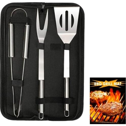 3pcs Stainless Steel Grill Utensil Set Barbecue Fork Tongs Grilling Spatula Portable Multifunction BBQ Grill Tool Cooking Tools