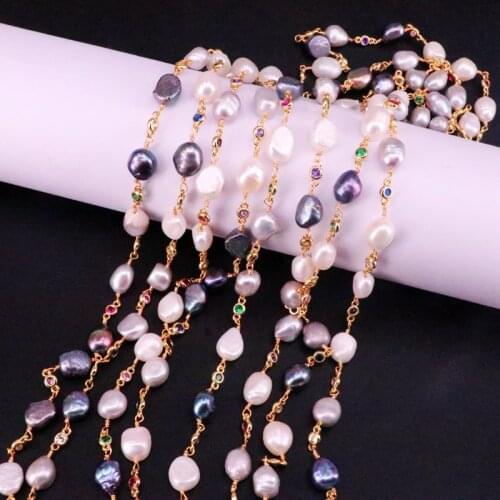 3 Metre Trendy Fresh Water Pearl Beads Chains For Jewelry Making, Irregular Pearl Links Colorful Zircon Gold Color Rosary Chains