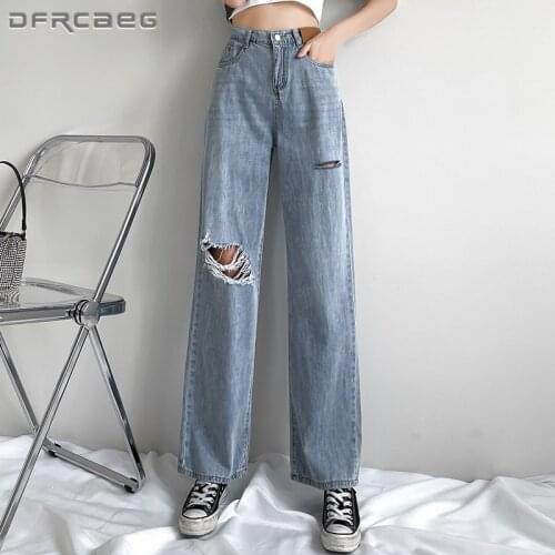 Vintage Casual Summer Women Mom Jeans With Hole 2021 High Waist Boyfriends Loose Wide Leg Denim Trousers Femme
