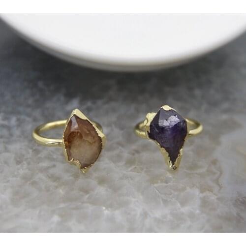 Dainty Natural Amethysts Rings,Raw Citrines Rings,Purple Crystal Yellow Quartz Finger Ring Healing Jewelry For Womans Gift