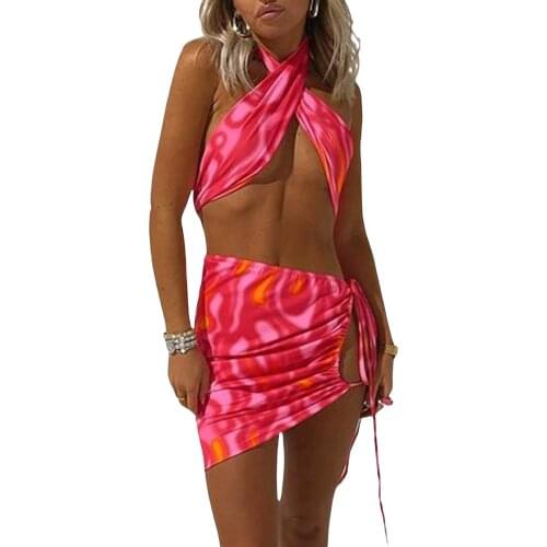 Wsevypo Summer Sexy Women Vest and Skirts Suits Party Clubwear Cross Halter Crop Tube Tops+Drawstring Ruched Mini Skirts