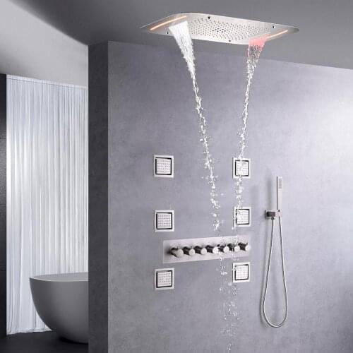 Brushed Bathroom Shower Faucet Set Thermostatic Faucet System Bath Mixer Set Stainless Steel Waterfall Rain LED Shower Head