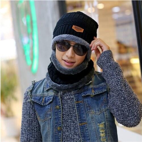 New Fshion Men Winter Knitted Thick Beanies Hat Stylish Warm Alaclava Scarf Hats Skullies Cap Bonnet Solid Woolen Caps