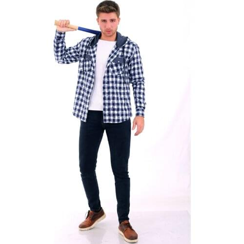 WOODCUTTERS HOODED CASUAL SLYM FİT MALE GÖMLEĞİ (DARK BLUE-WHITE)