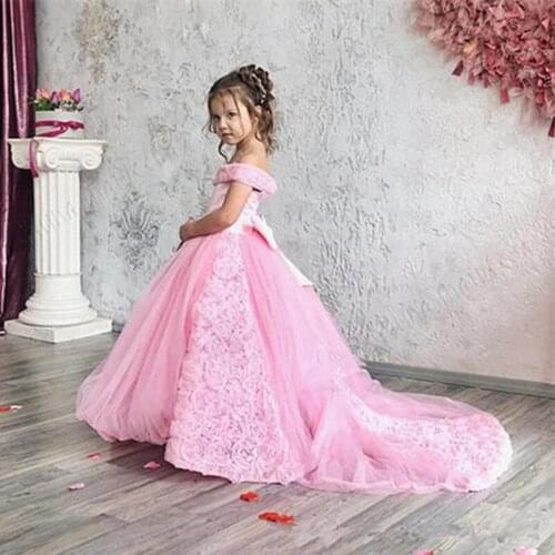 Blush Pink Flower Girl Dress Cute 3D Rose Flowers Princess Party Luxury Princess Ball Gown Girl Formal Pageant Dresses Custom