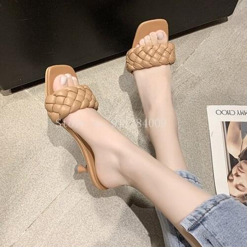 Square Toe High Quality Leather Sandals Thin High Heels Shoes Woman Outdoor Slides Dropshipping Summer Weave Women Slippers