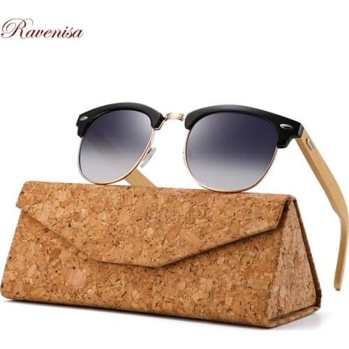 RAVENISA Retro Half Frame Sun Glasses Bamboo Sunglasses For Women Men Coating Driving Eyewear Protective Goggle