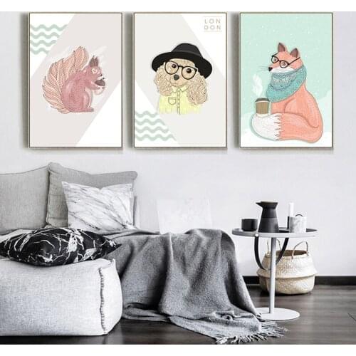 Modern Cartoon Animals Fox Squirrel Dog Art Wall Canvas Painting Study Room Office Foyer Mural Cafe Decoration Chic Print Poster