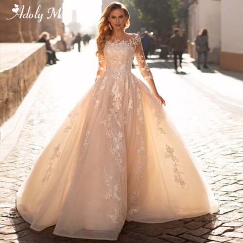 Adoly Mey Elegant Scoop Neck Lace Up A-Line Wedding Dresses 2020 Elegant 3/4 Sleeves Appliques Court Train Princess Bridal Gown