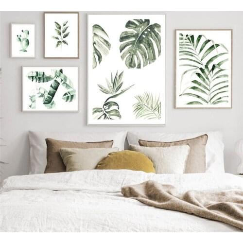 Tropicl Fresh Luxuriant Green Plants With Nordic Palm Leaf Background Canvas Painting Wall Picture Poster Living Room Decoration
