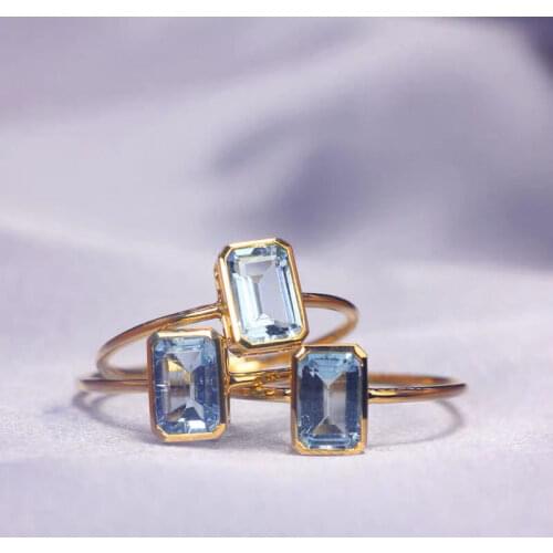 Unique original new rectangular aquamarine minimalist design opening adjustable ring exquisite charm luxury ladies jewelry
